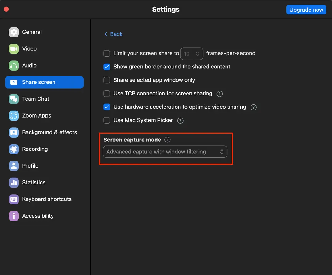Zoom advanced capture settings