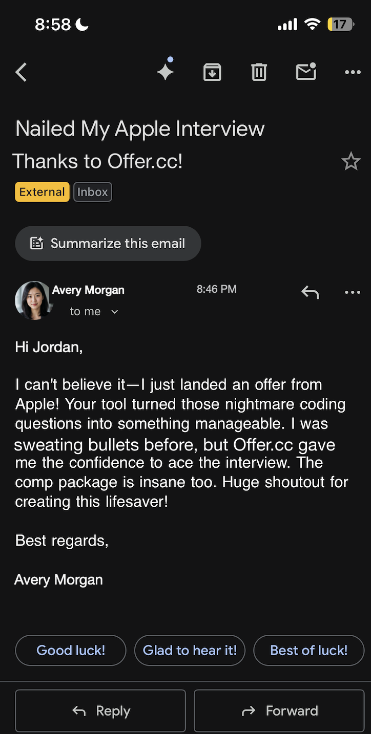 A candidate shares that Offer.cc helped with coding questions and an offer from Apple.