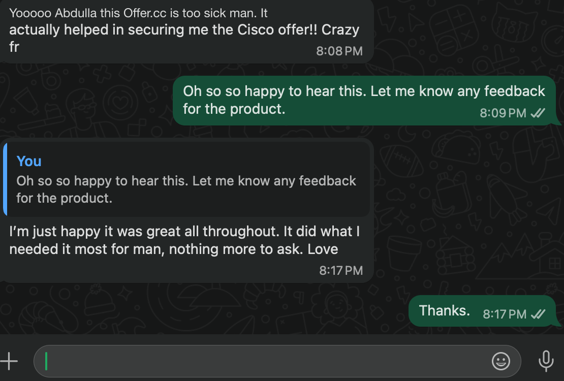 A candidate shares that Offer.cc helped them secure an offer from Cisco.