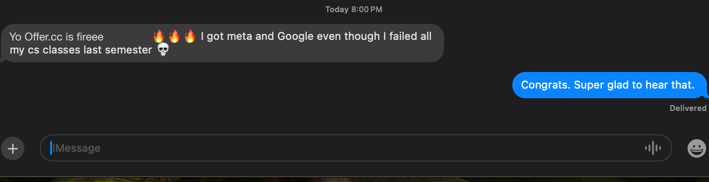A candidate shares that they used Offer.cc and passed interviews at Meta and Google.