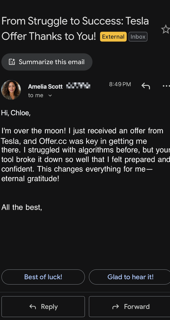 A candidate shares that Offer.cc helped them master algorithm questions and secure a Tesla offer.